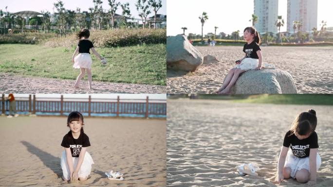 【4K】城市沙滩 女孩在沙滩玩耍 奔跑
