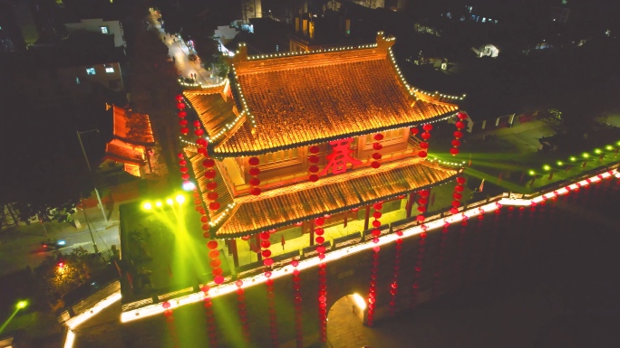 湖北荆州古城新年春节，航拍荆州古城夜景