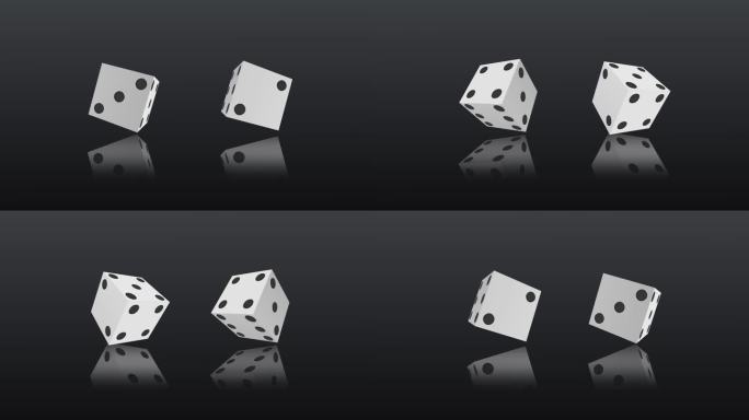 4K白色扑克骰子在黑色背景上随机滚动可循环