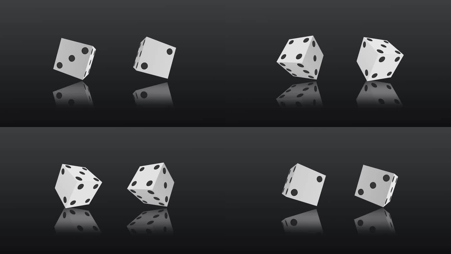 4K白色扑克骰子在黑色背景上随机滚动可循环