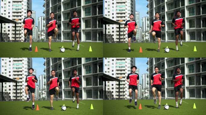 亚洲年轻足球运动员原地跑步训练