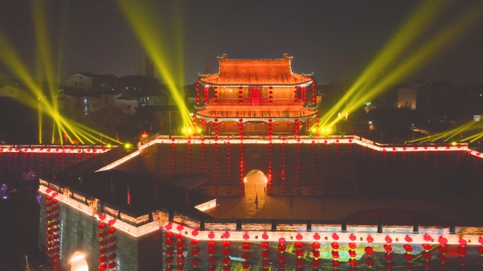 湖北荆州古城新年春节，航拍荆州古城夜景