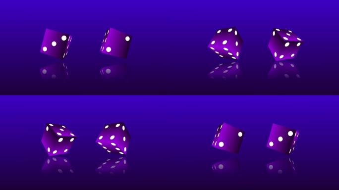 4K紫色扑克骰子在紫色背景上随机滚动可循环