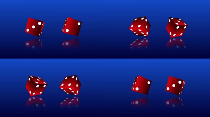 4K红色扑克骰子在蓝色背景上随机滚动可循环