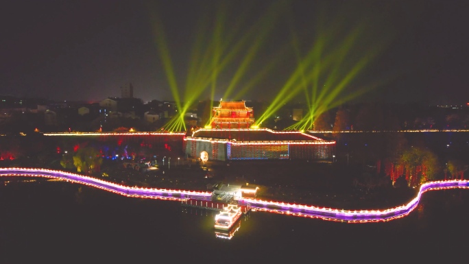 湖北荆州古城新年春节，航拍荆州古城夜景