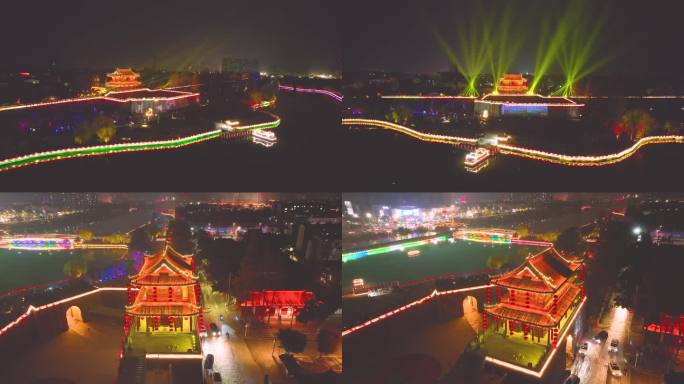 湖北荆州古城新年春节，航拍荆州古城夜景