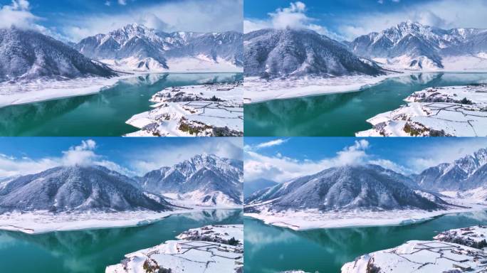 航拍四川凉山冬季雪后初晴冶勒湖冰雪美景