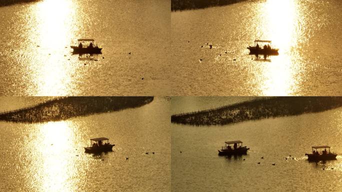 日落波光粼粼的湖面划船
