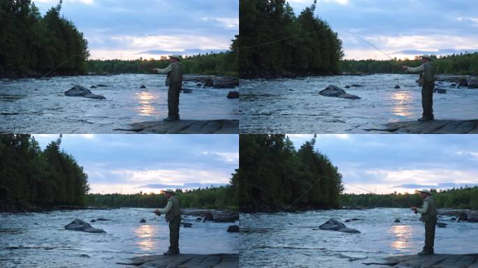 日出时分，渔民在河里钓鱼