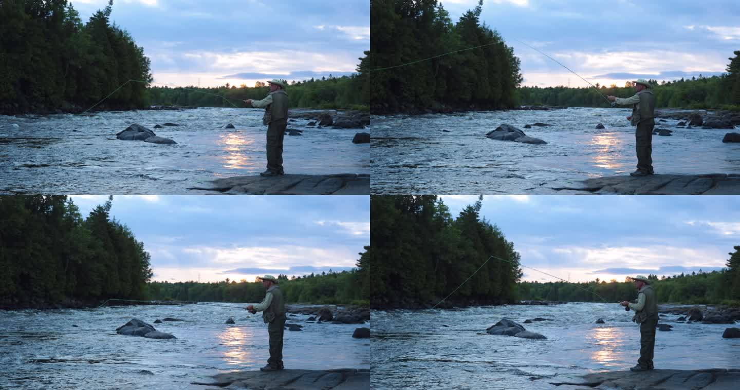 日出时分，渔民在河里钓鱼