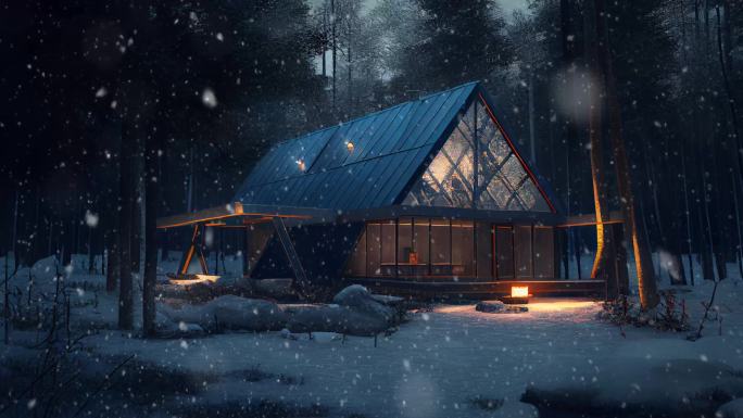 森林木屋雪夜