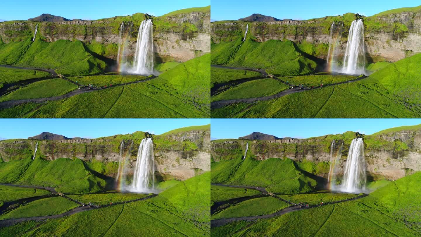 4K航拍电影《冰岛南部地区的塞加兰瀑布夏日场景》，塞加兰河的一部分，发源于火山冰川埃亚菲亚德拉霍库尔