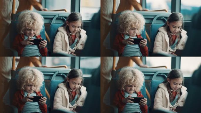 现代科技！可爱的女孩坐公交外国女孩坐车玩