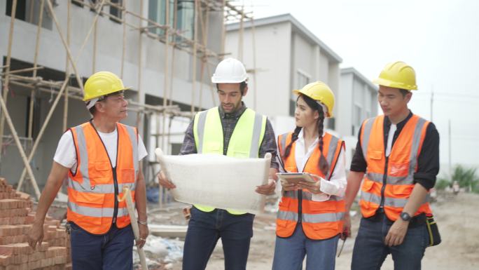 蓝领工人正在建筑工地与同事一起工作。