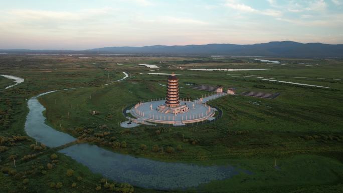 抚远市黑瞎子岛东极宝塔地标建筑航拍风光