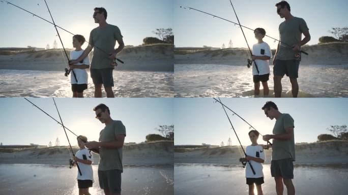 父子俩一起在海滩钓鱼
