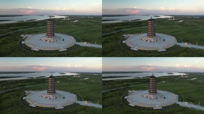 抚远市黑瞎子岛东极宝塔地标建筑航拍风光