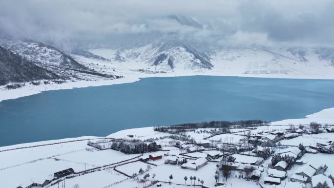 航拍四川凉山冬季冰雪冶勒湖