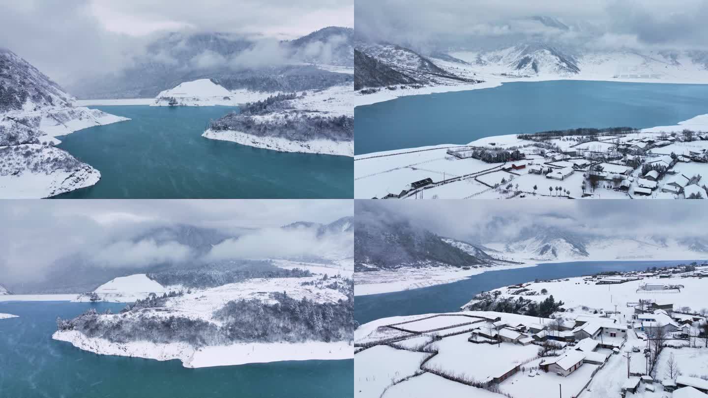 航拍四川凉山冬季冰雪冶勒湖