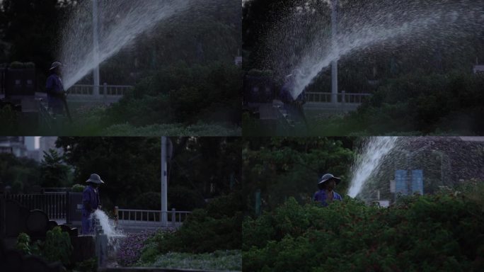 花园浇水 环卫工人浇水 公园浇水 种花
