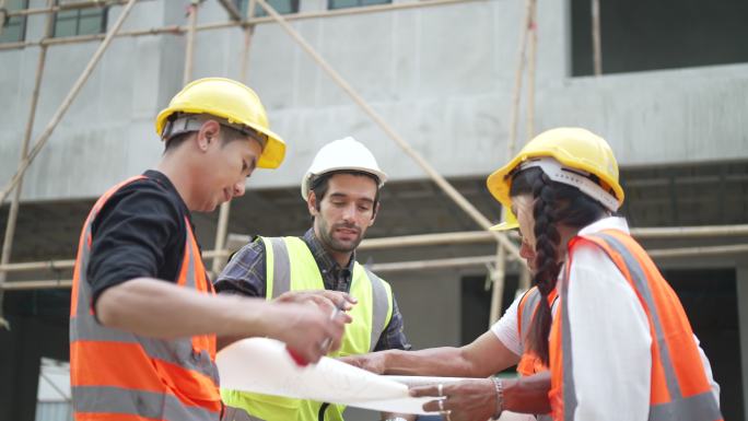 蓝领工人正在建筑工地与同事一起工作。