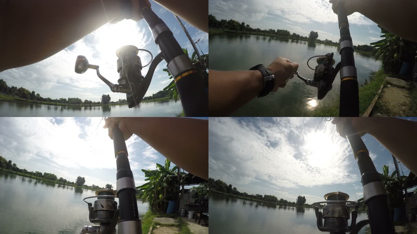 4K POV在湖里钓大鱼。