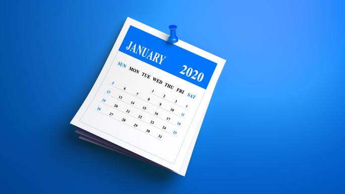 在蓝色背景上循环2020年日历的一月月页面