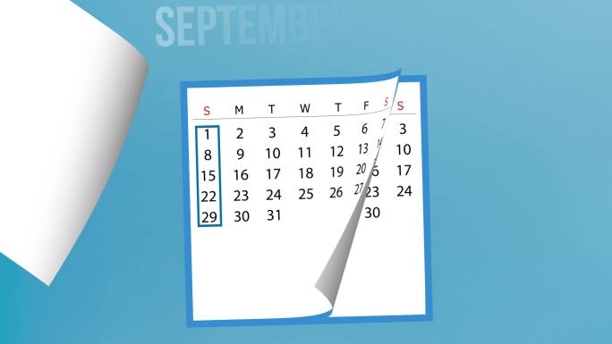 2021 9月日历在蓝色背景下以4K分辨率翻页动画
