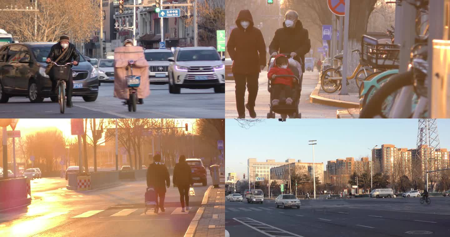 骑行上班忙碌生活城市街道清晨人文城市冬天