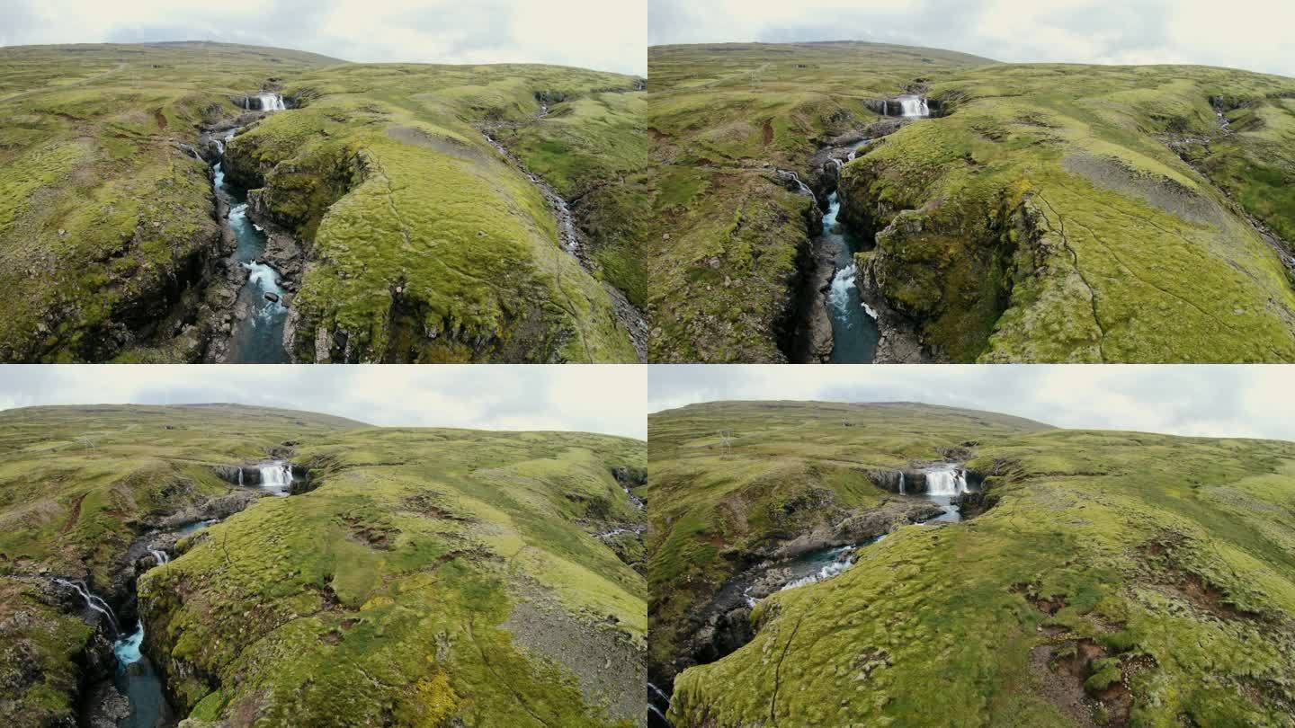 鸟瞰冰岛河流向瀑布倾斜