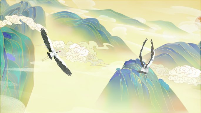 三维动画二维结合白鹤山水瑞兽
