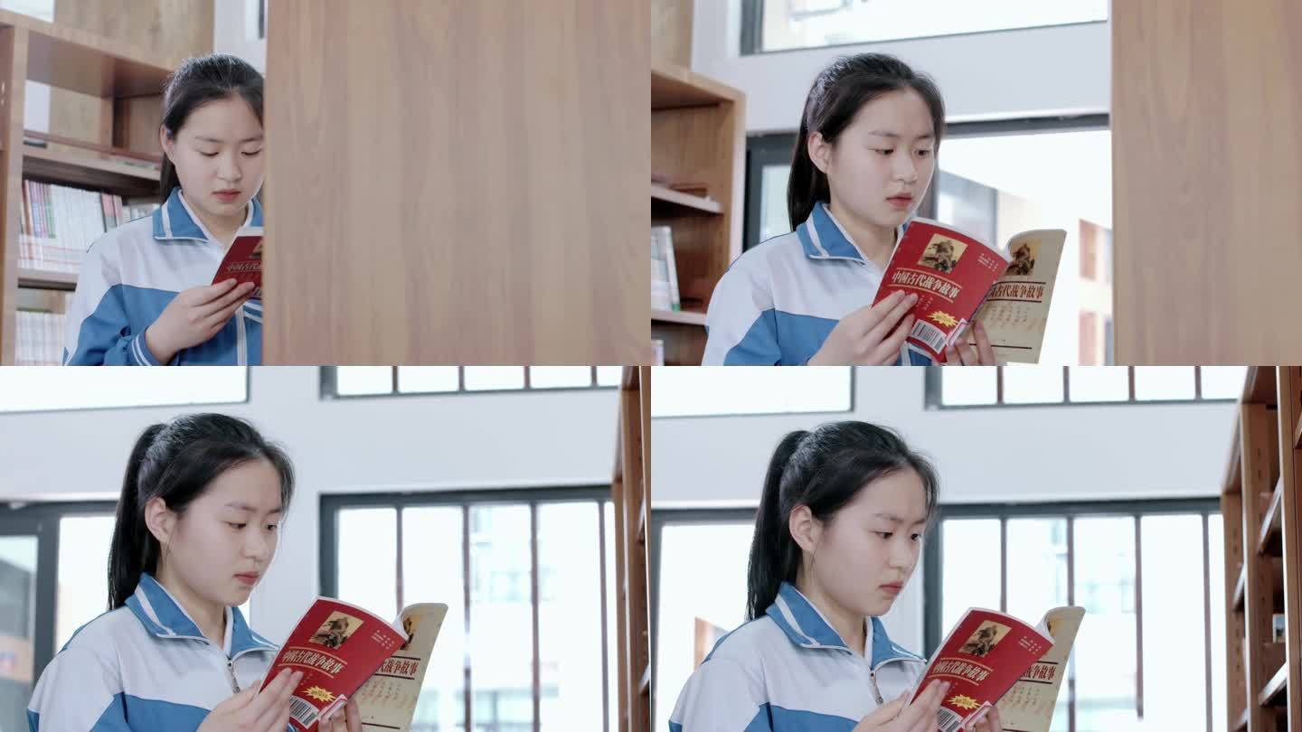 【4K】高中女生图书馆看书学习