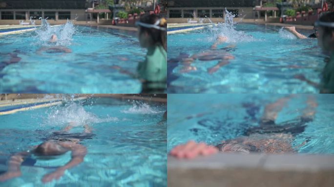 周末上午，一位亚洲华裔老人与退休社区一起在游泳池向教练学习游泳指导
