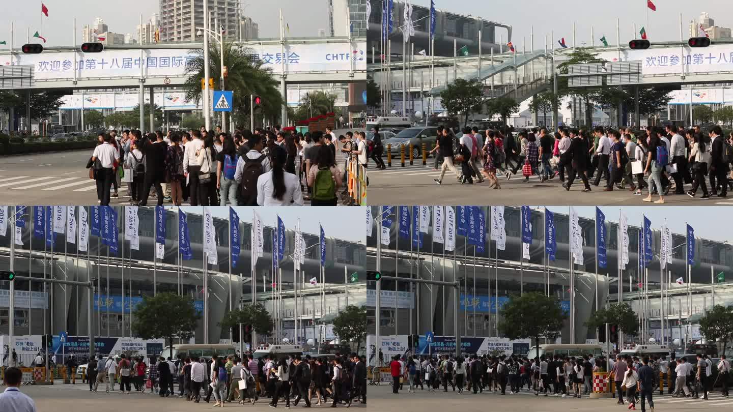 深圳会展中心 俯拍人流 斑马线 交通灯