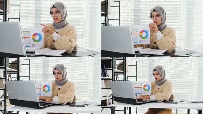 伊斯兰女士在Hijab和耳机在笔记本电脑上进行视频通话