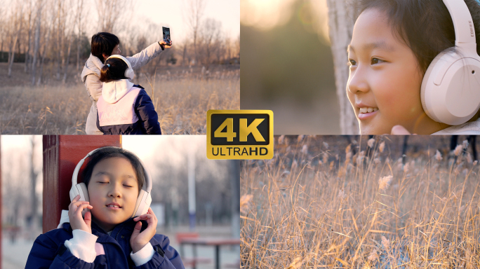 4K实拍冬天夕阳下带耳机欣赏音乐的女孩