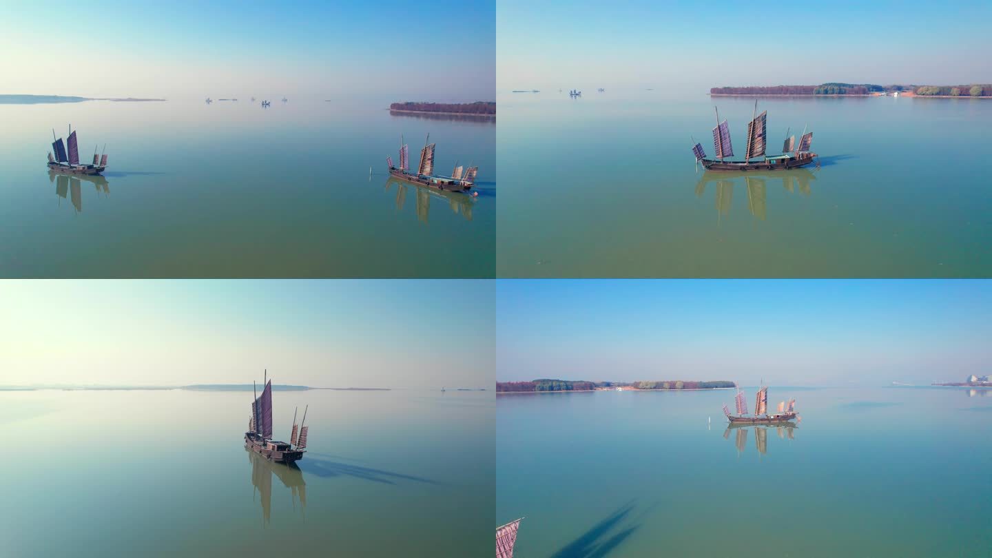 吴江太湖渔船城市天际线