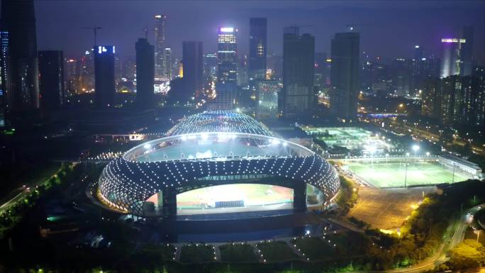 航拍深圳湾体育场 近景 夜景 转 半周