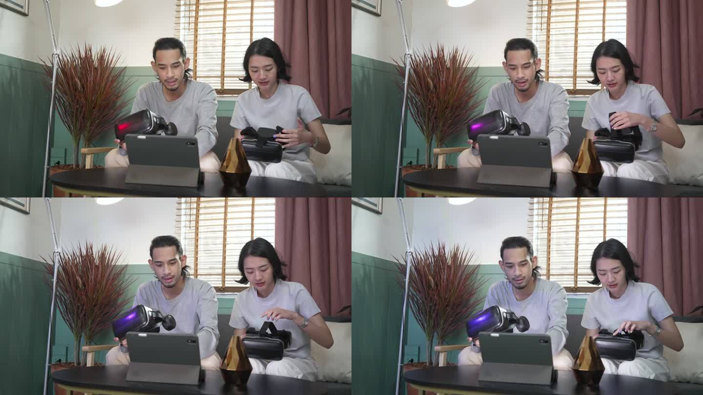 情侣们戴着虚拟现实眼镜玩游戏。