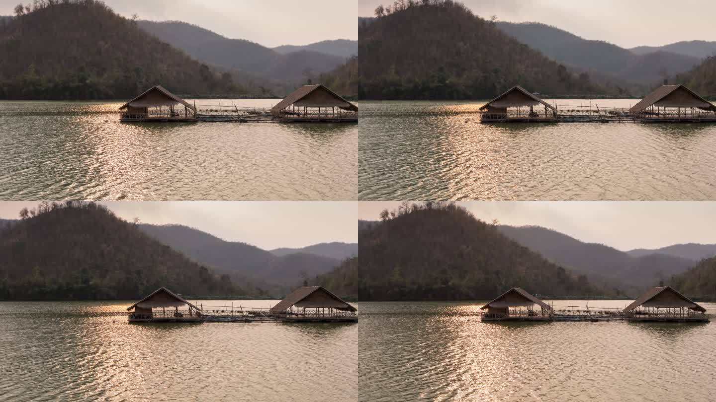 泰国湖竹筏上的木屋