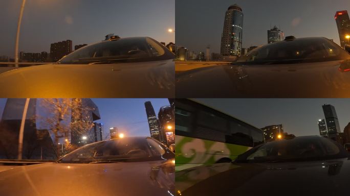 汽车视角车头固定北京CBD夕阳傍晚行驶