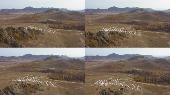 日落时分的蒙古游牧村落鸟瞰图