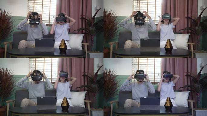 情侣们戴着虚拟现实眼镜玩游戏。