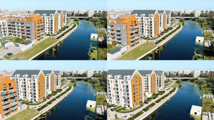 波兰格但斯克运河上新的彩色公寓楼群