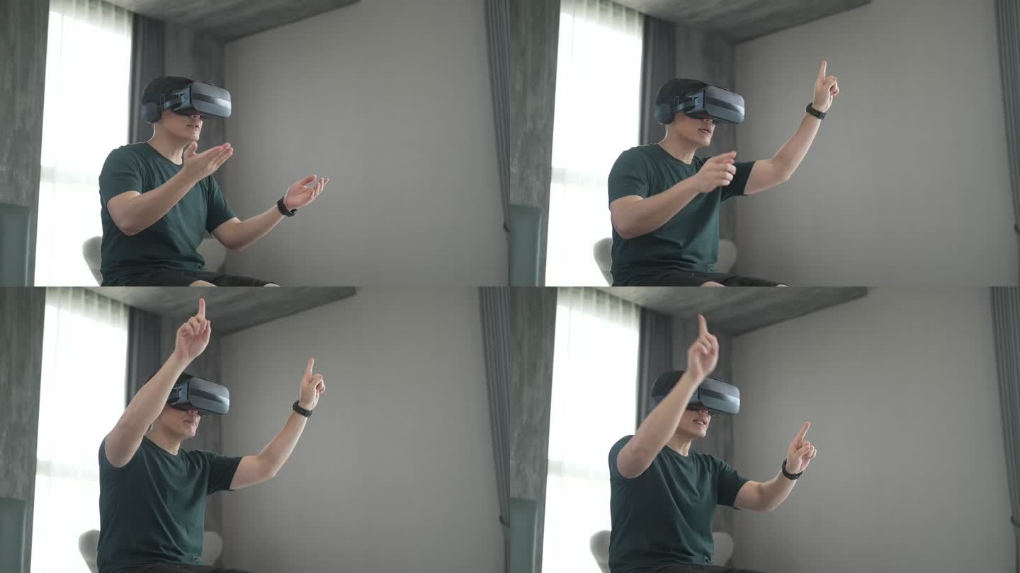 男人在卧室里使用虚拟眼镜。