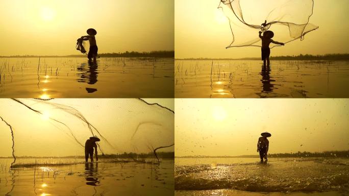 高清慢镜头：渔民在日出时分工作的当地生活方式。