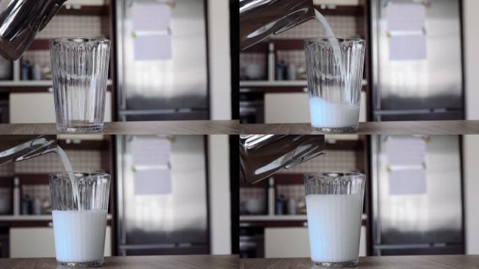 将牛奶倒入玻璃杯早餐玻特写厨房