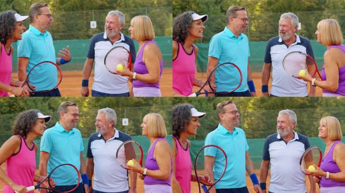 SLO MO两对夫妇在网球场上谈笑风生