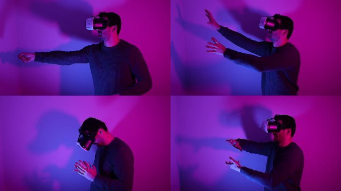 他在霓虹灯下使用VR眼镜来发现元宇宙
