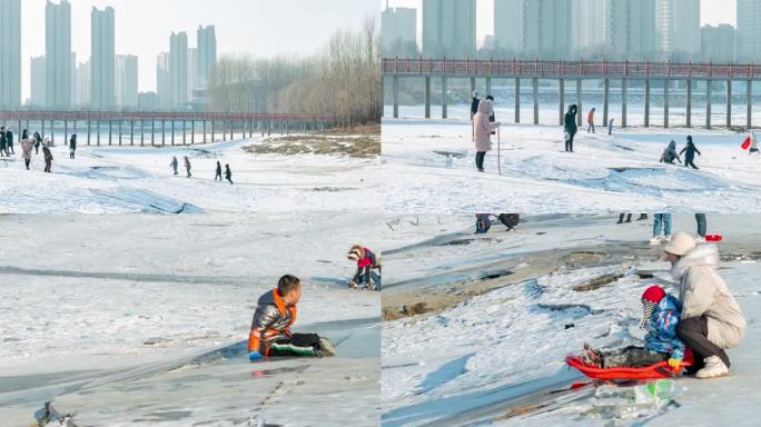冰河冰面冬季东北儿童滑冰玩耍合集